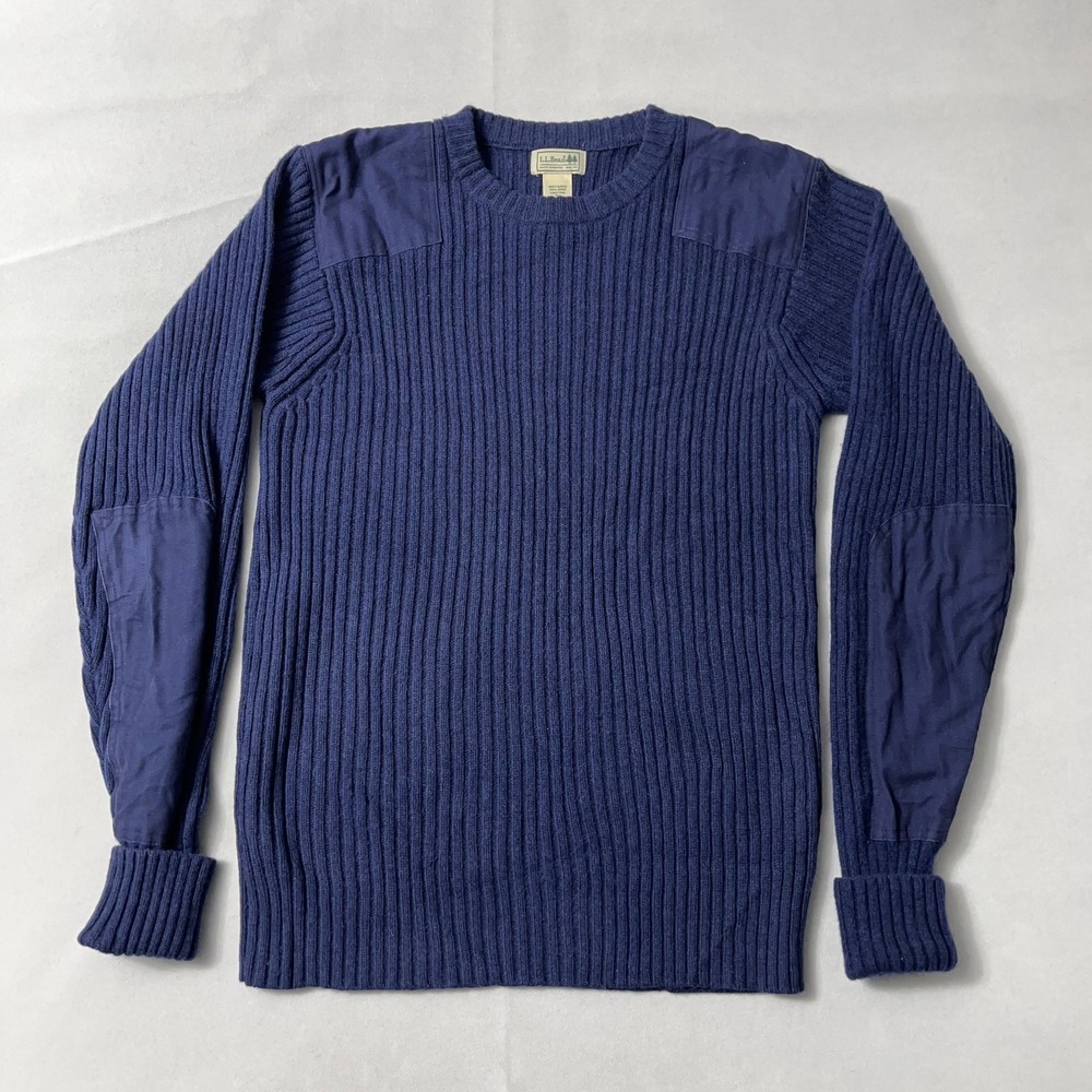LL Bean Lambs Wool Commando Sweater Men Large Blue Elbow Shoulder Patches